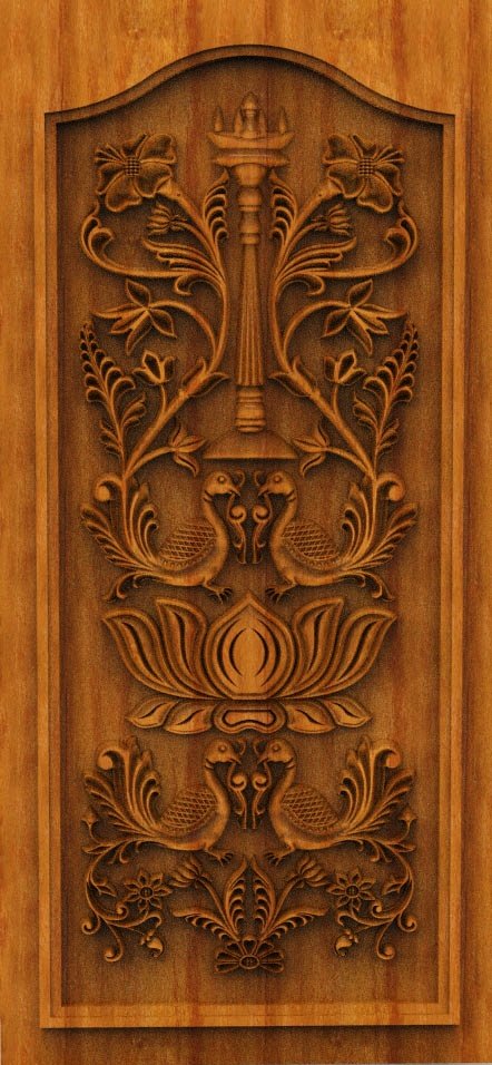 3D DOOR - OAK-07 Traditional Indian Peacock and Lotus Motif Carved Wood Panel